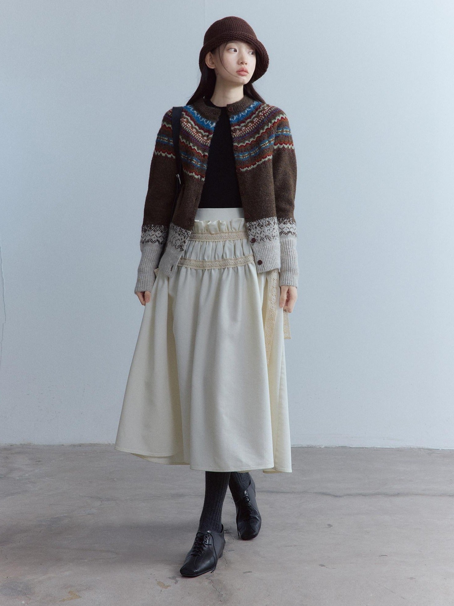 FUSSED High Waist Lace Panel Pleated A Line Casual Women Everyday Oatmeal Midi Skirt