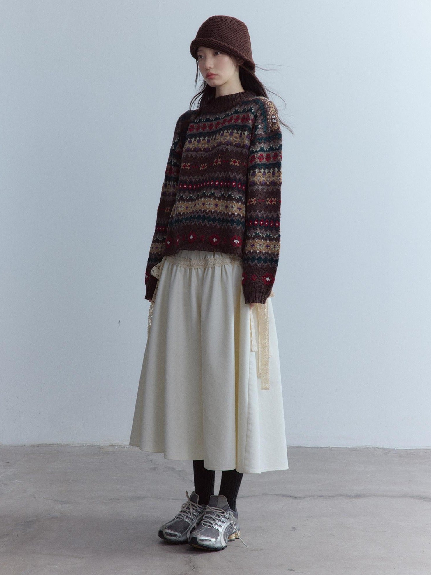 FUSSED High Waist Lace Panel Pleated A Line Casual Women Everyday Oatmeal Midi Skirt