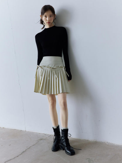 FUSSED High Waist Pleated Preppy Side Zipper 3D Bow Off White Mini Skirt