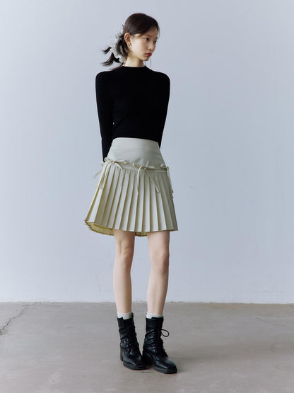 FUSSED High Waist Pleated Preppy Side Zipper 3D Bow Off White Mini Skirt