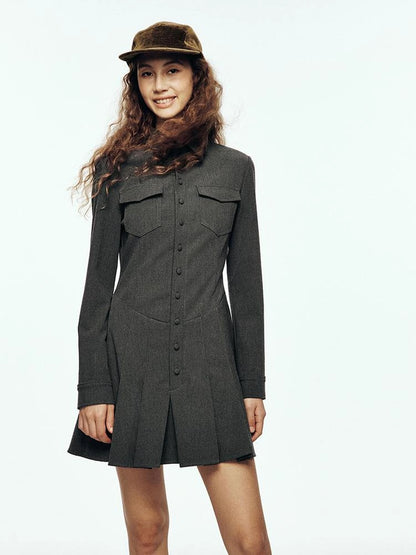 High Waisted Pleated Blazer Dress with Notched Collar
