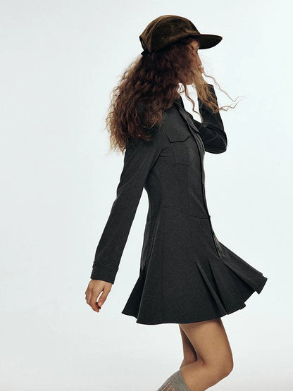 High Waisted Pleated Blazer Dress with Notched Collar