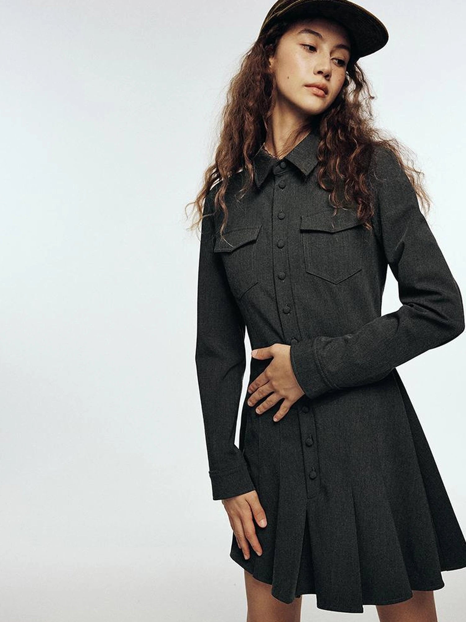 High Waisted Pleated Blazer Dress with Notched Collar