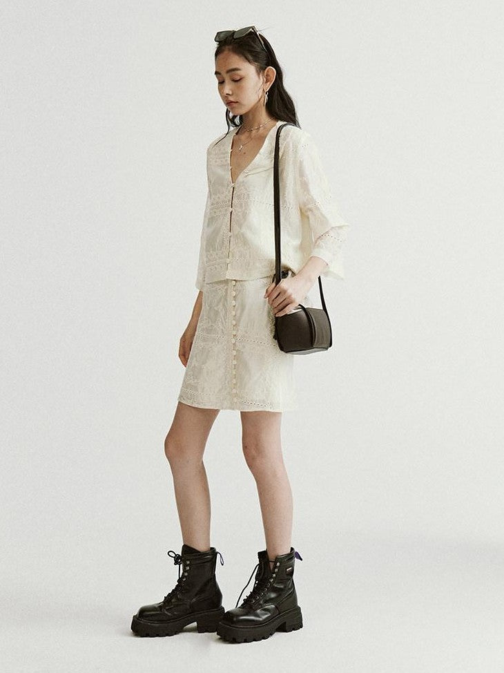 FUSSED Ivory Floral Embroidered French Embossed Women&
