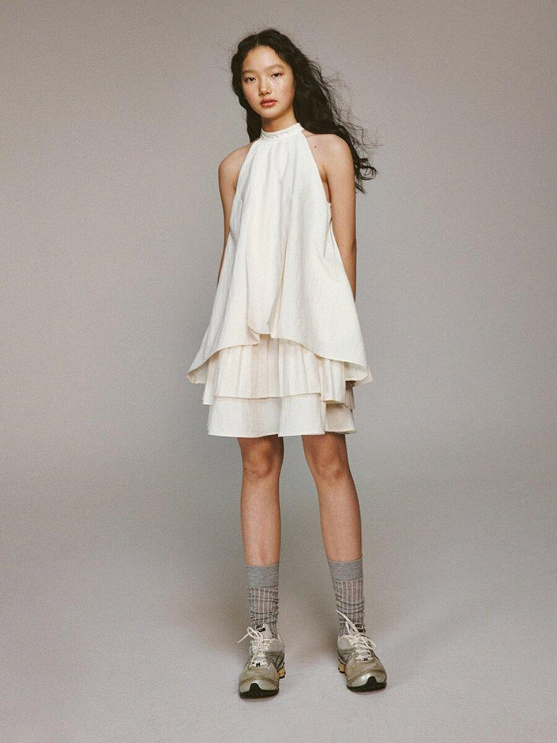 FUSSED Ivory Layered Pleated Paperlike A Line Women&