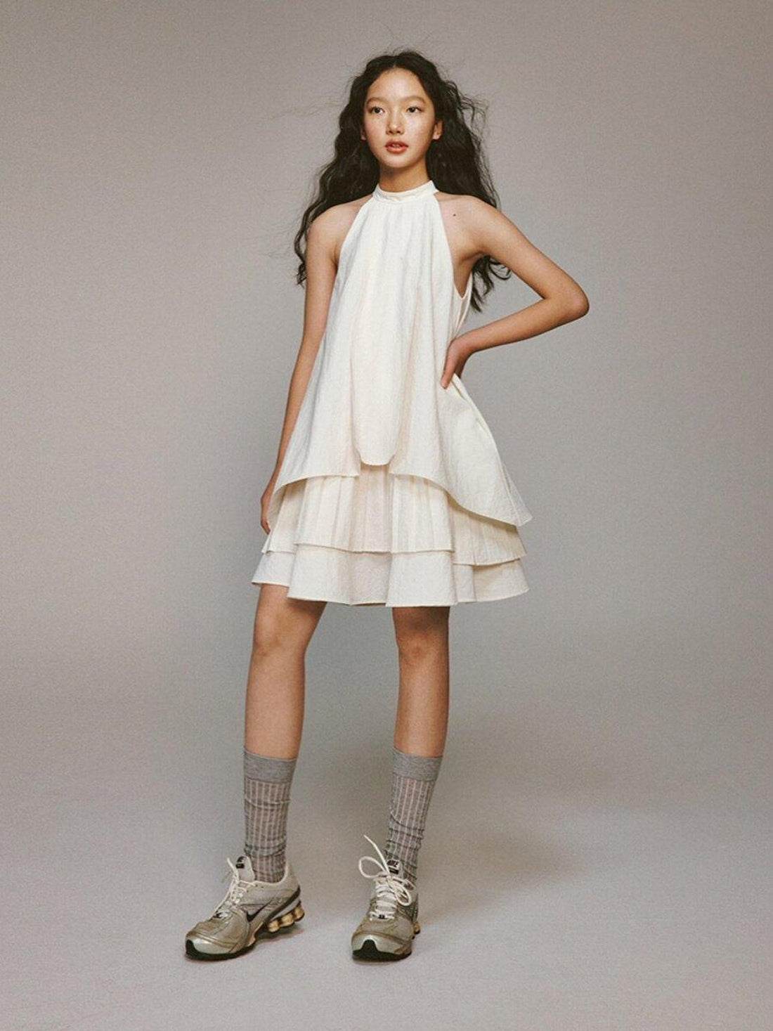 FUSSED Ivory Layered Pleated Paperlike A Line Women&