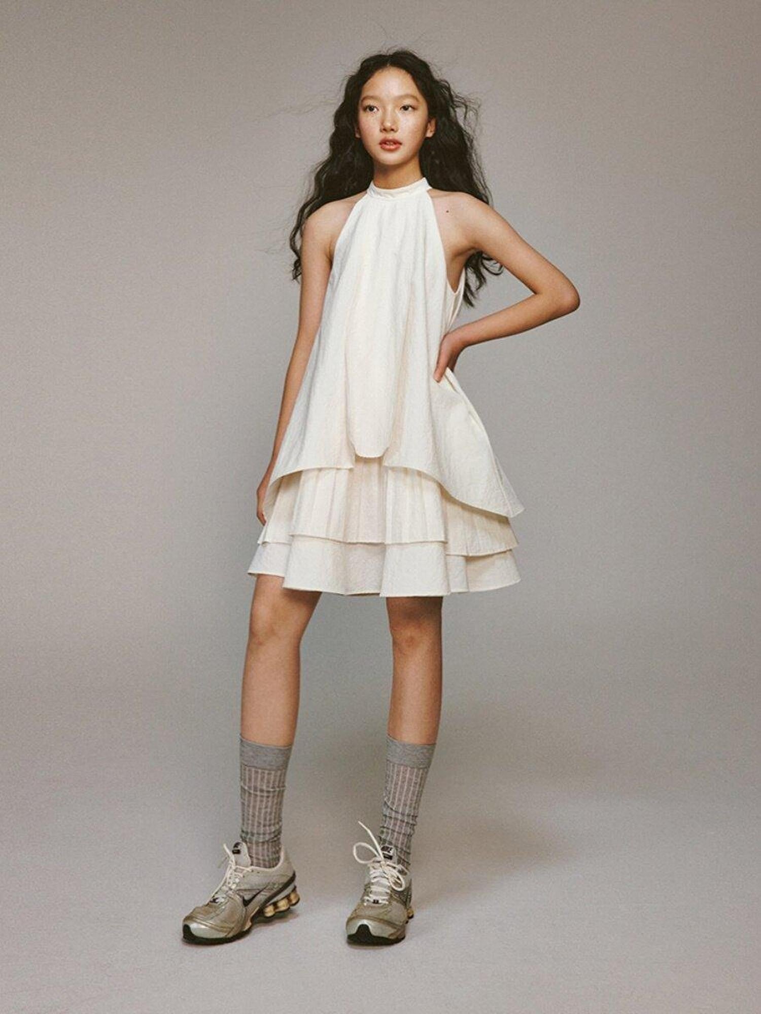 FUSSED Ivory Layered Pleated Paperlike A Line Women&
