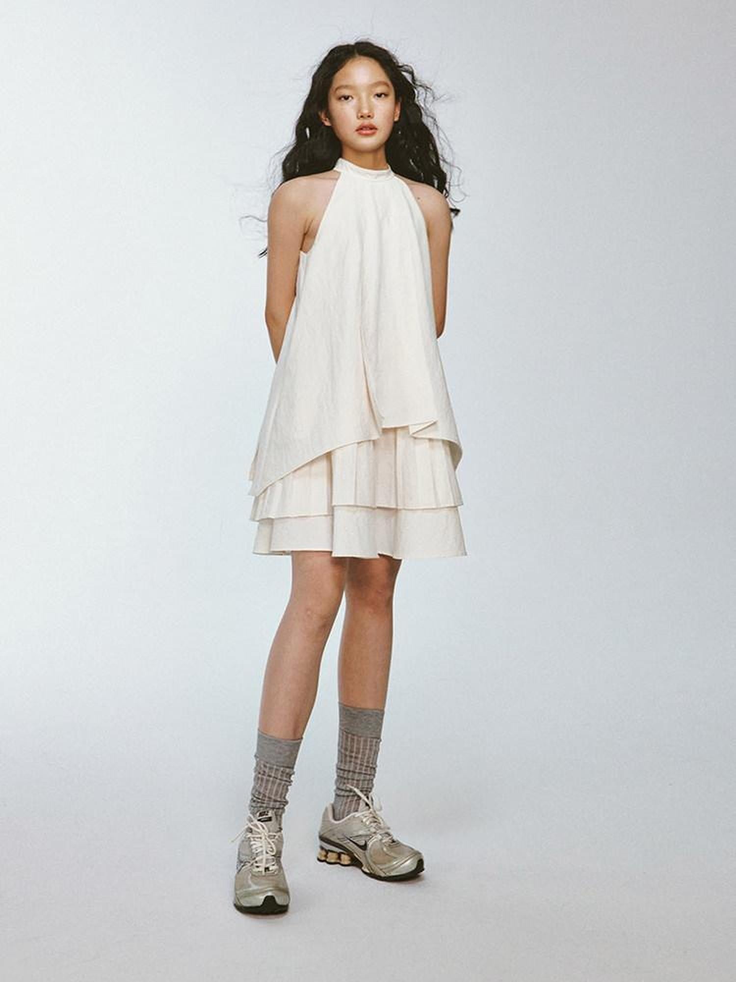 FUSSED Ivory Layered Pleated Paperlike A Line Women&