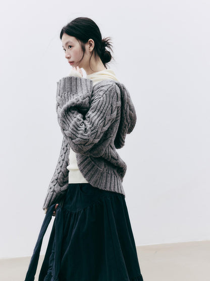 FUSSED Jacquard Hooded Wool Knit Loose Women&