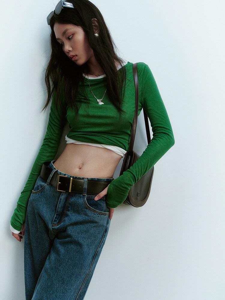 FUSSED Jungle Green Round Neck Slim Fit Women&