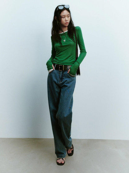 FUSSED Jungle Green Round Neck Slim Fit Women&