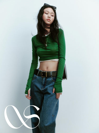 FUSSED Jungle Green Round Neck Slim Fit Women&