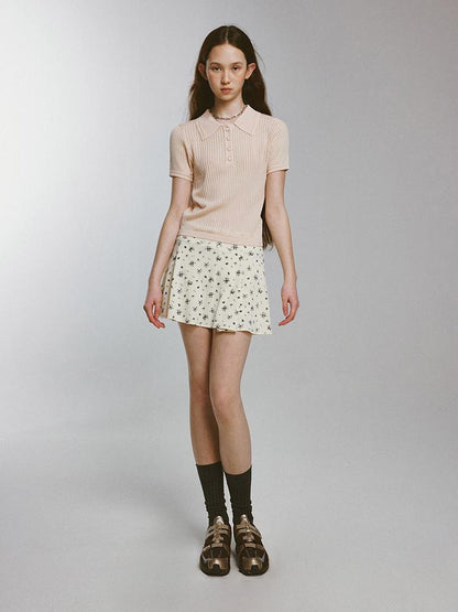 FUSSED Knitted Polo Top With Floral Ribbing And Lace Texture In Blossom Pink