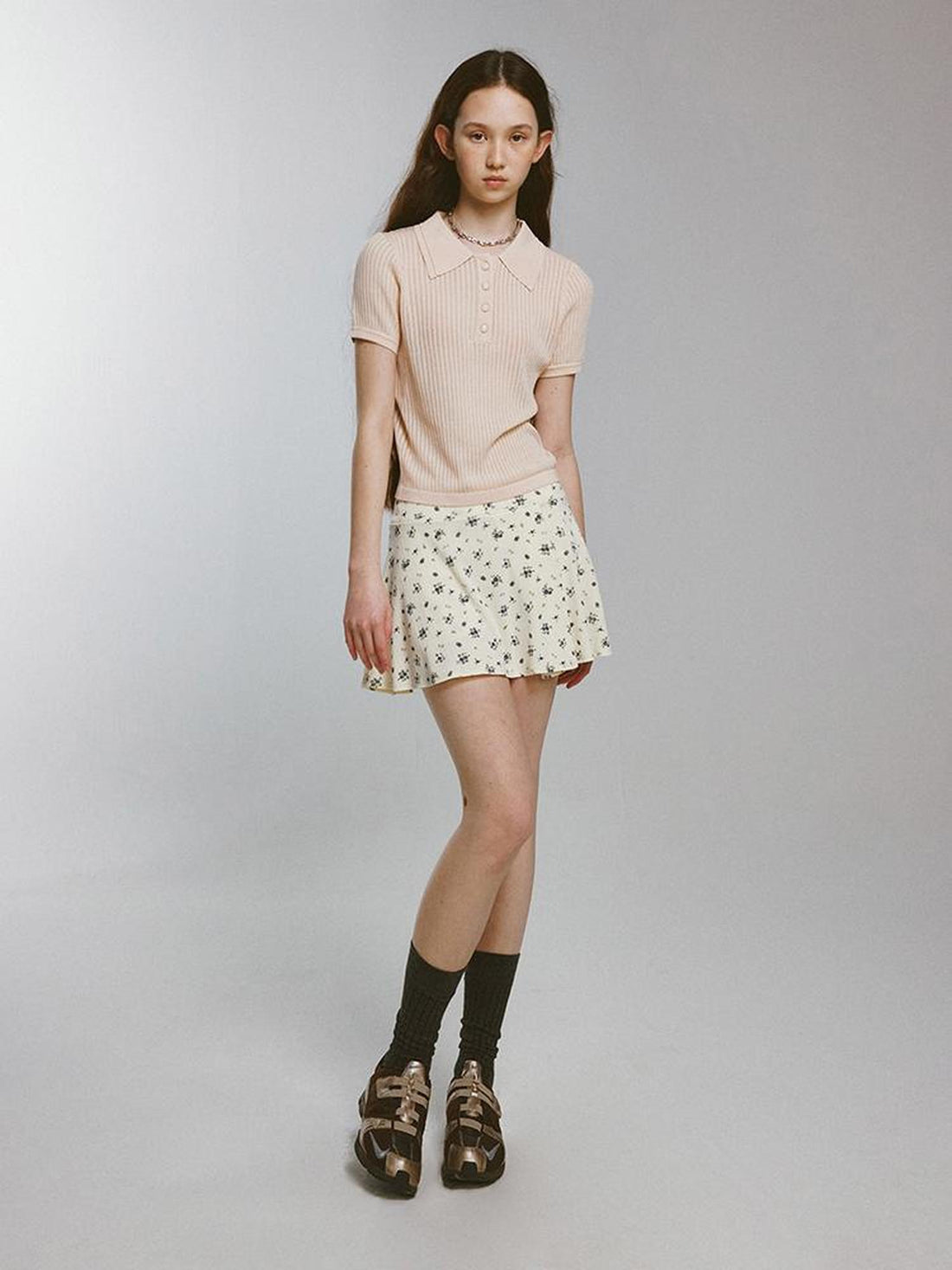 FUSSED Knitted Polo Top With Floral Ribbing And Lace Texture In Blossom Pink