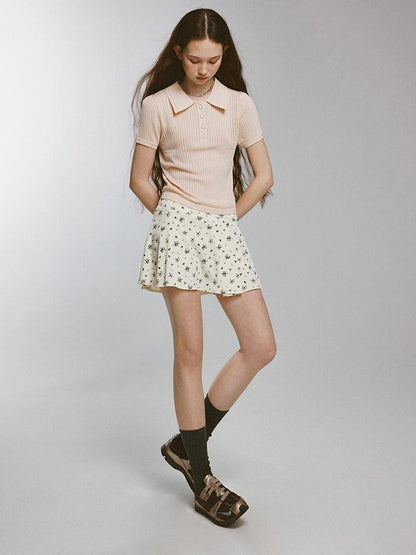 FUSSED Knitted Polo Top With Floral Ribbing And Lace Texture In Blossom Pink