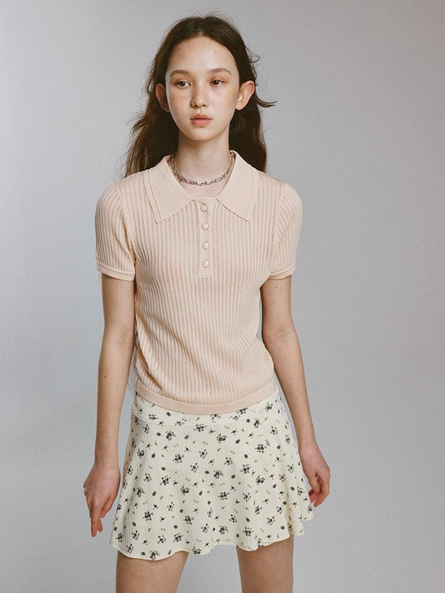 FUSSED Knitted Polo Top With Floral Ribbing And Lace Texture In Blossom Pink