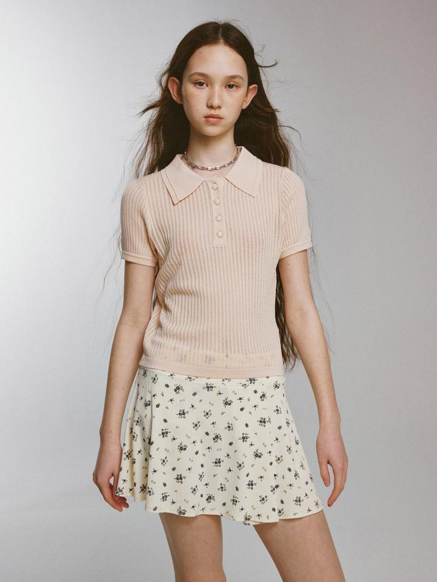 FUSSED Knitted Polo Top With Floral Ribbing And Lace Texture In Blossom Pink