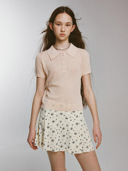 FUSSED Knitted Polo Top With Floral Ribbing And Lace Texture In Blossom Pink