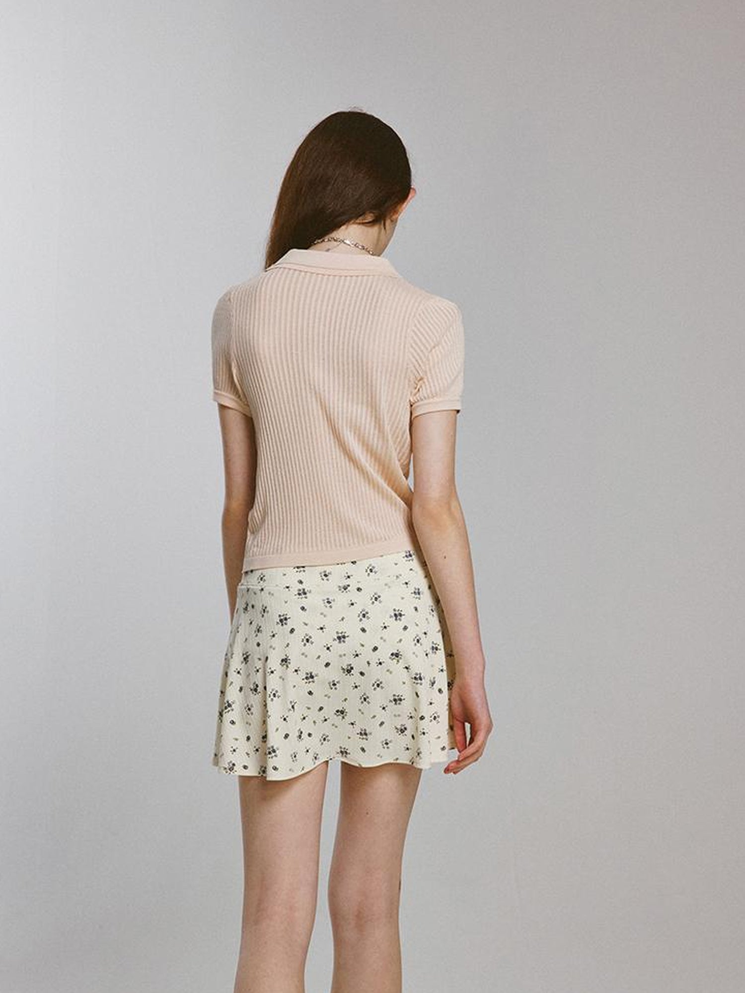 FUSSED Knitted Polo Top With Floral Ribbing And Lace Texture In Blossom Pink