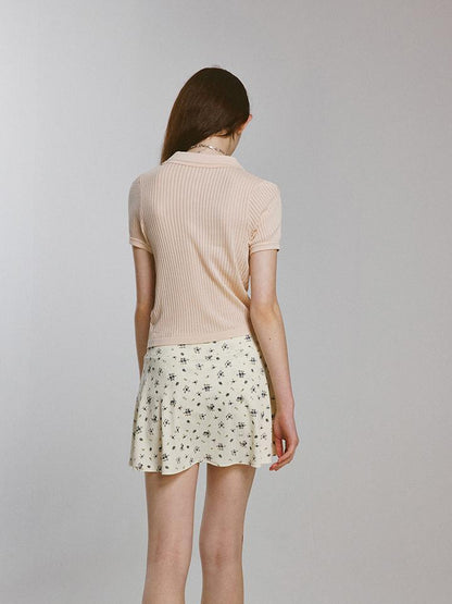 FUSSED Knitted Polo Top With Floral Ribbing And Lace Texture In Blossom Pink