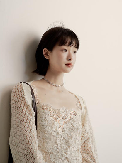 FUSSED Lace Jacquard Flat Knit Cream Bridal Runaway Cardigan
