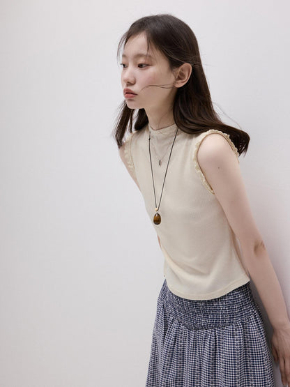 FUSSED Lace Trim Mock Neck Side Bust Concealing Slim Cropped Women&