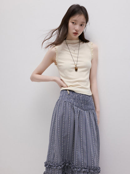 FUSSED Lace Trim Mock Neck Side Bust Concealing Slim Cropped Women&