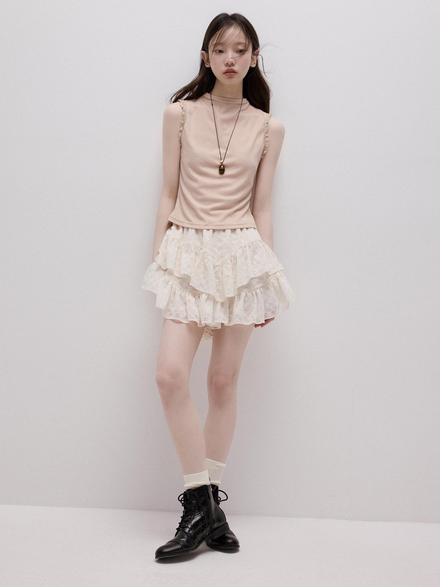 FUSSED Lace Trim Mock Neck Side Bust Concealing Slim Cropped Women&