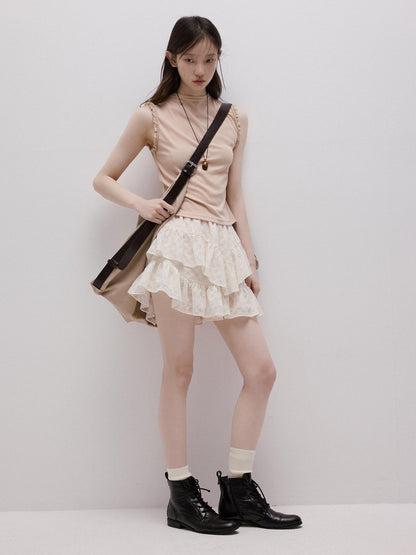 FUSSED Lace Trim Mock Neck Side Bust Concealing Slim Cropped Women&