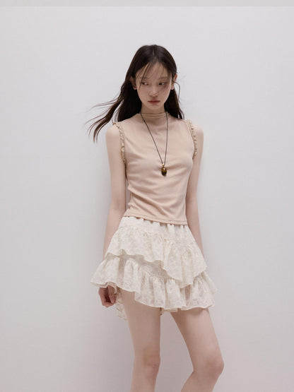 FUSSED Lace Trim Mock Neck Side Bust Concealing Slim Cropped Women&