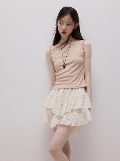 FUSSED Lace Trim Mock Neck Side Bust Concealing Slim Cropped Women&