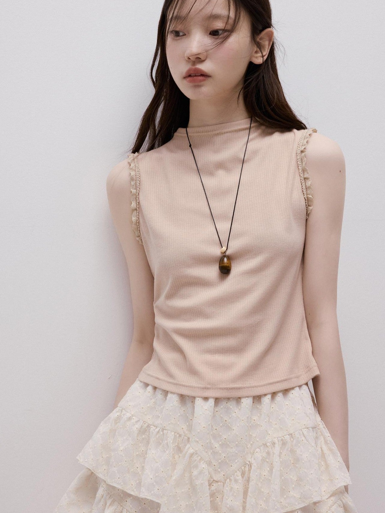 FUSSED Lace Trim Mock Neck Side Bust Concealing Slim Cropped Women&
