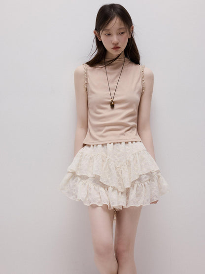 FUSSED Lace Trim Mock Neck Side Bust Concealing Slim Cropped Women&