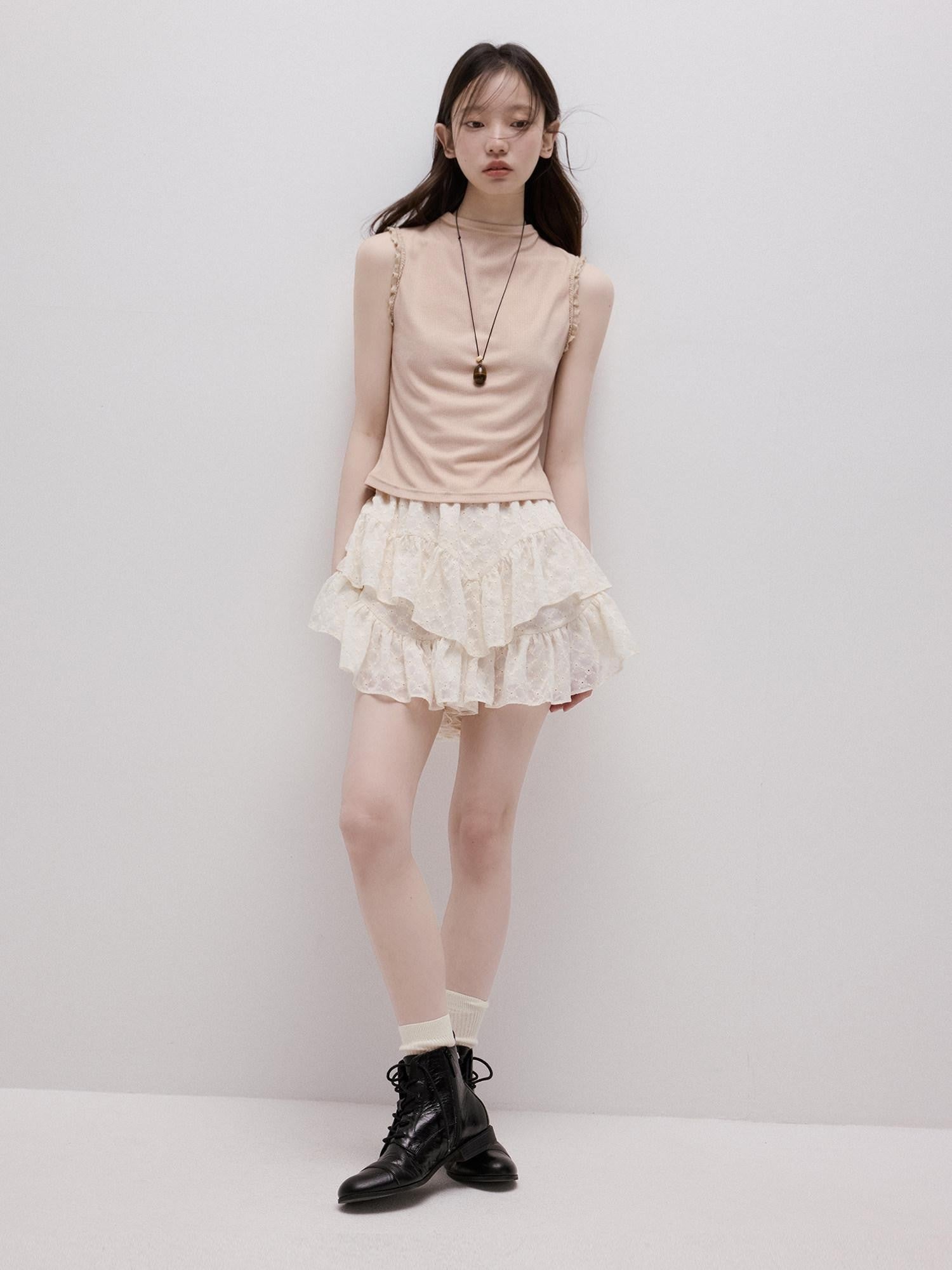 FUSSED Lace Trim Mock Neck Side Bust Concealing Slim Cropped Women&