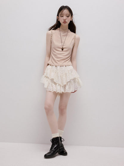 FUSSED Lace Trim Mock Neck Side Bust Concealing Slim Cropped Women&
