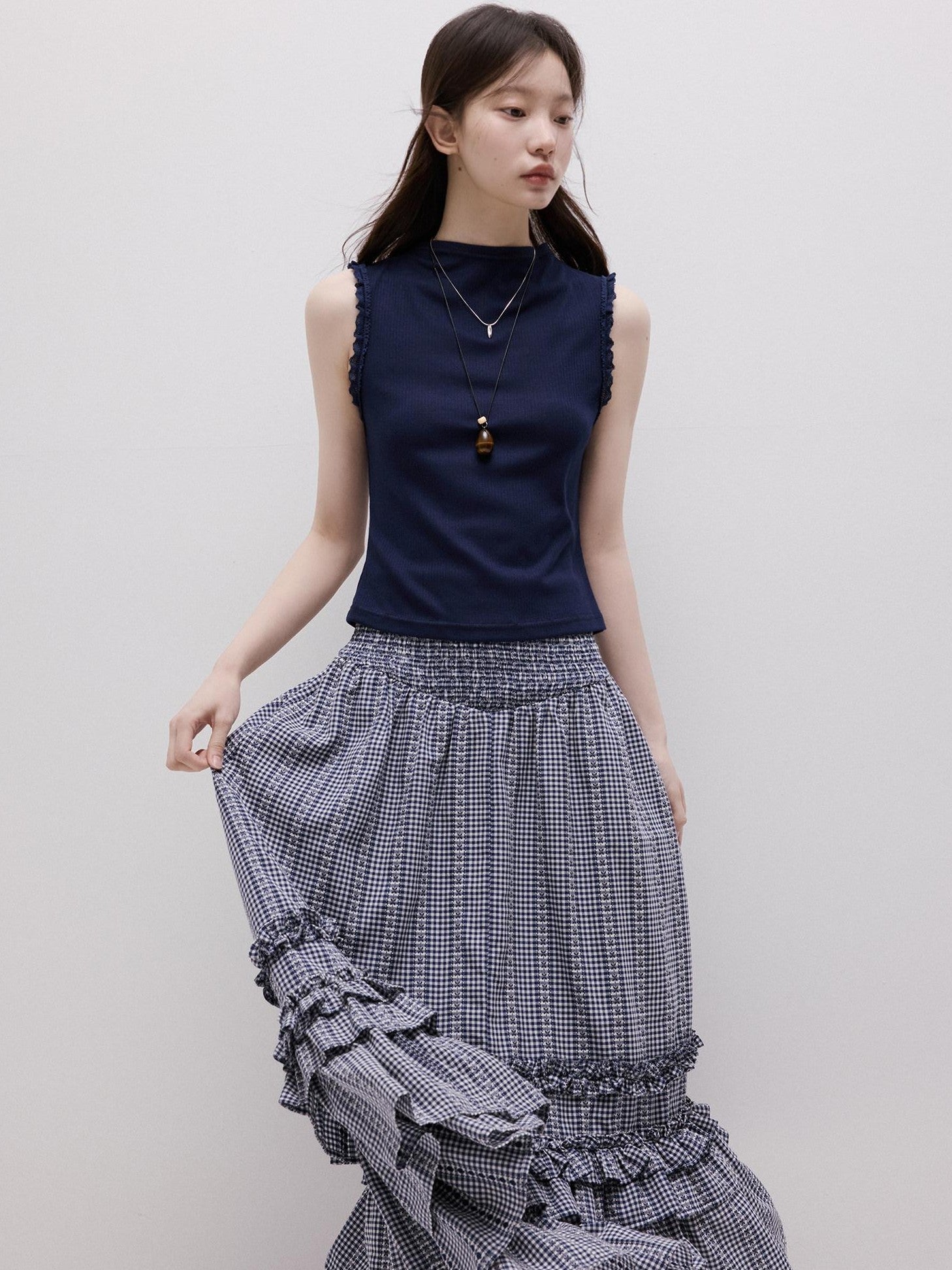 FUSSED Lace Trim Mock Neck Side Bust Concealing Slim Cropped Women&