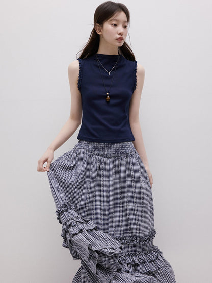 FUSSED Lace Trim Mock Neck Side Bust Concealing Slim Cropped Women&