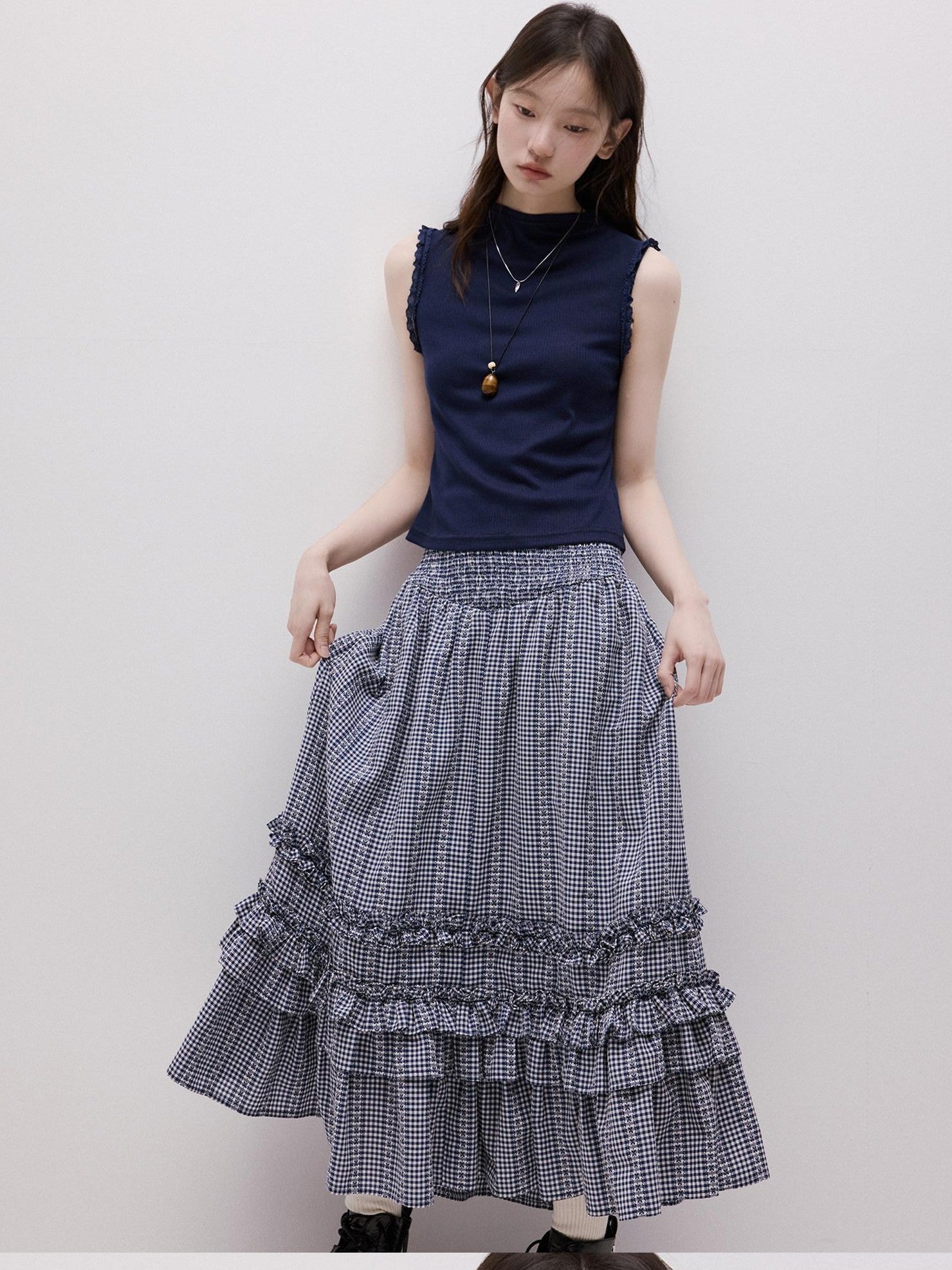 FUSSED Lace Trim Mock Neck Side Bust Concealing Slim Cropped Women&