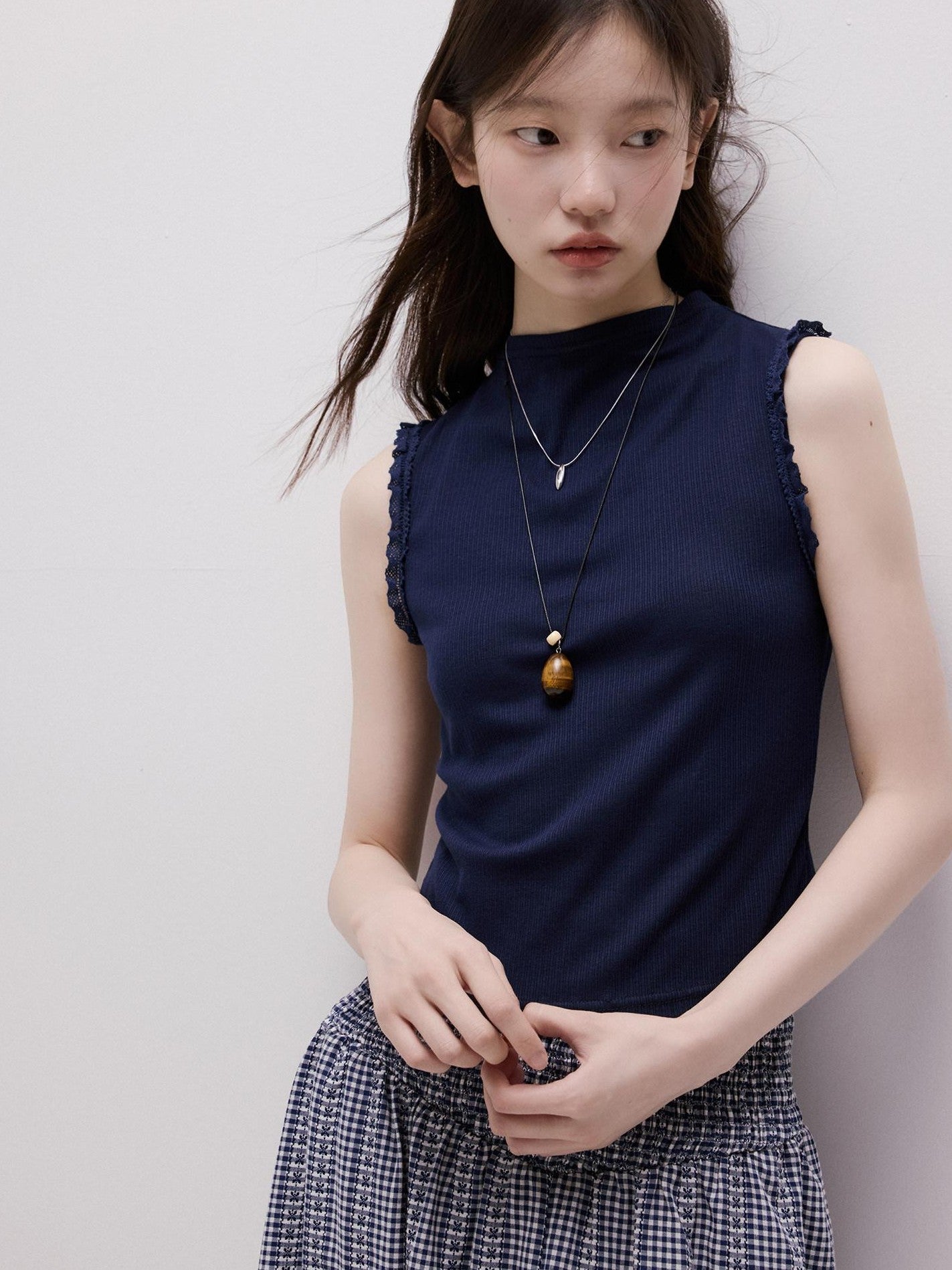 FUSSED Lace Trim Mock Neck Side Bust Concealing Slim Cropped Women&