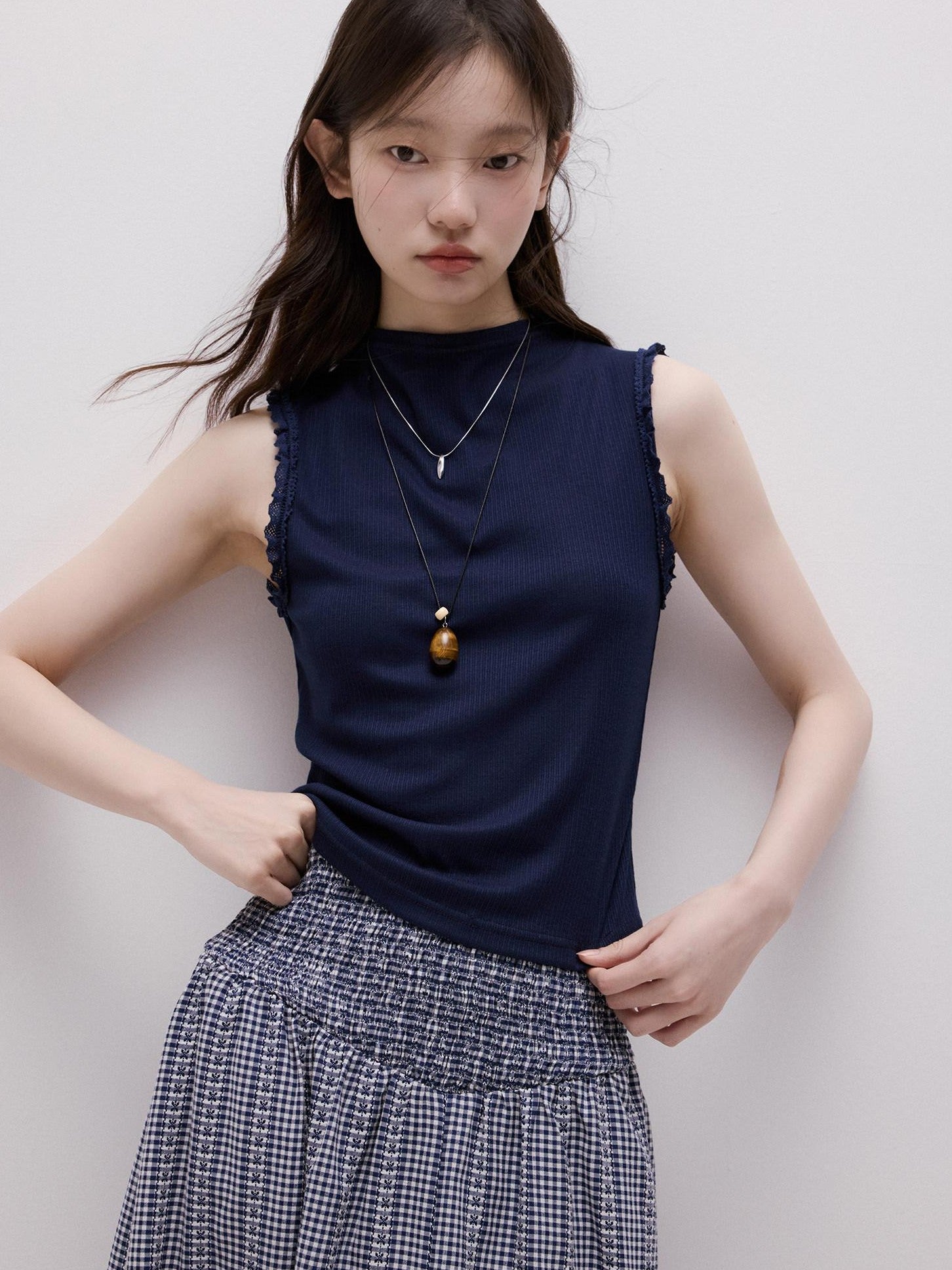 FUSSED Lace Trim Mock Neck Side Bust Concealing Slim Cropped Women&