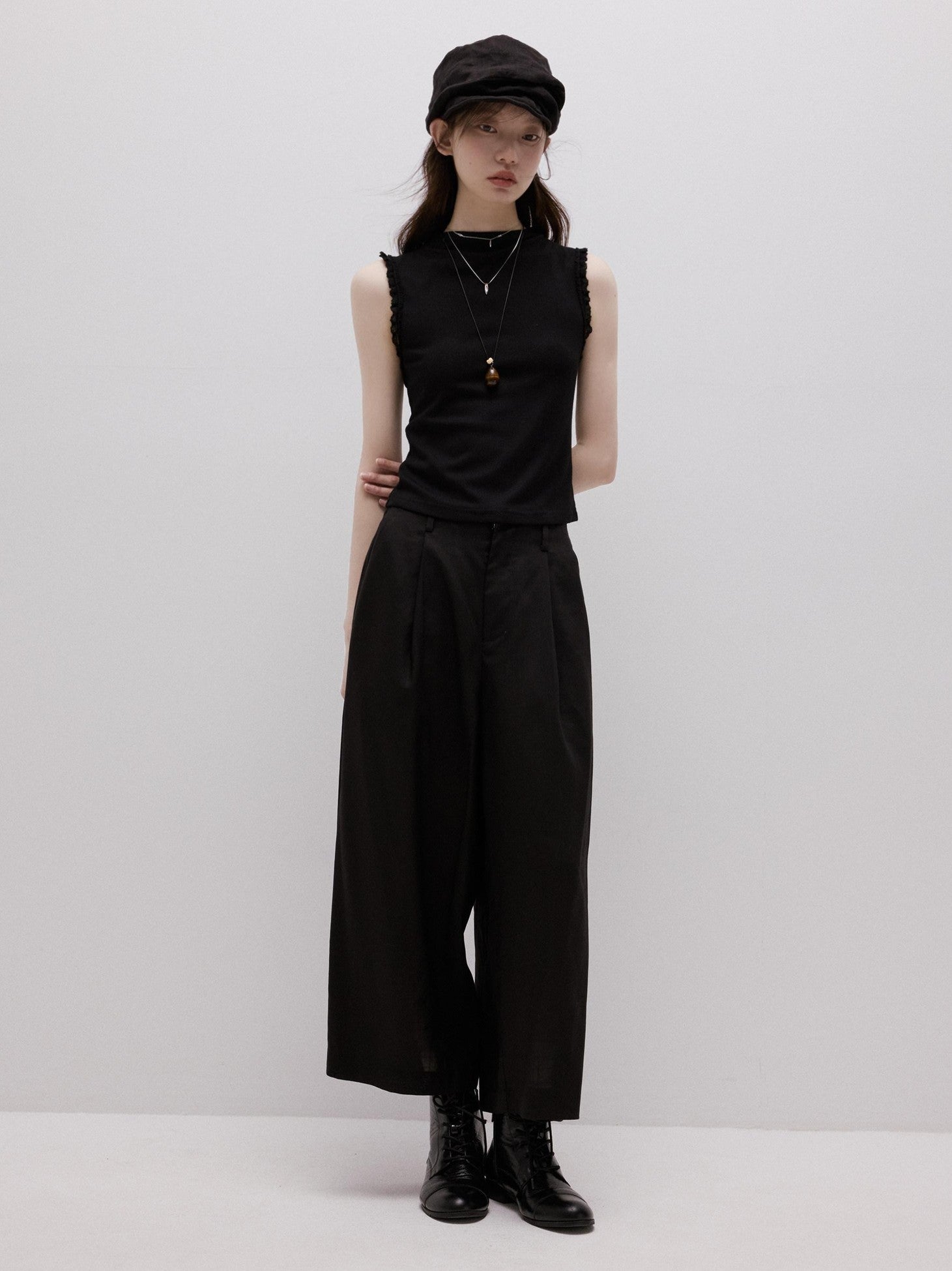 FUSSED Lace Trim Mock Neck Side Bust Concealing Slim Cropped Women&