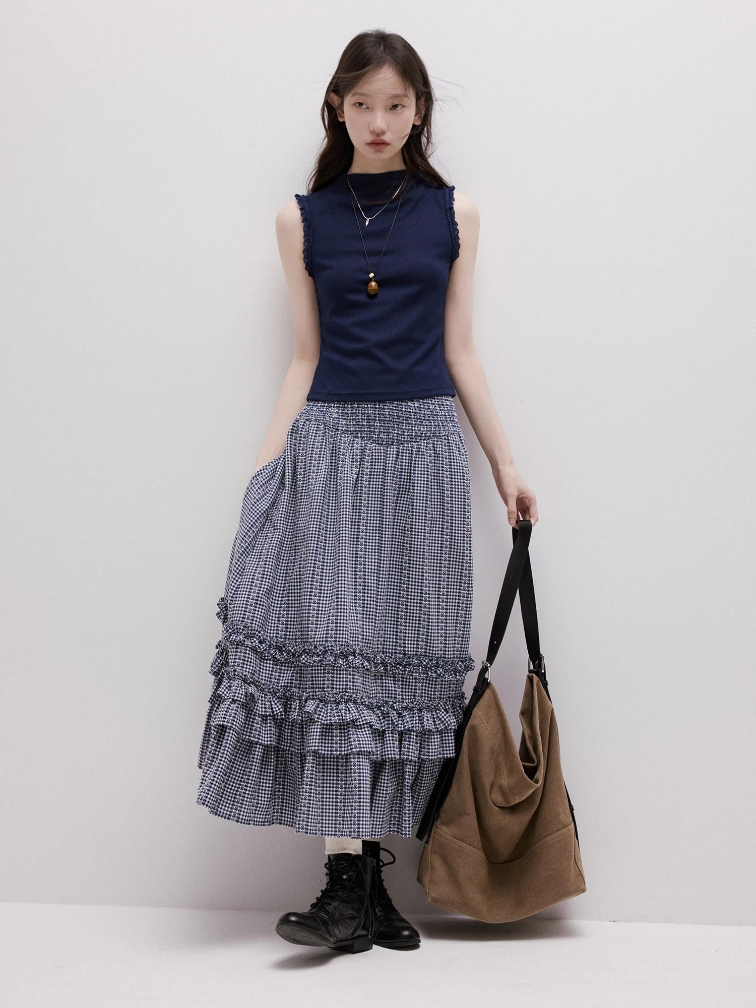 FUSSED Lace Trim Mock Neck Side Bust Concealing Slim Cropped Women&