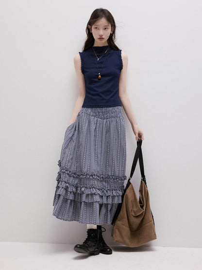 FUSSED Lace Trim Mock Neck Side Bust Concealing Slim Cropped Women&