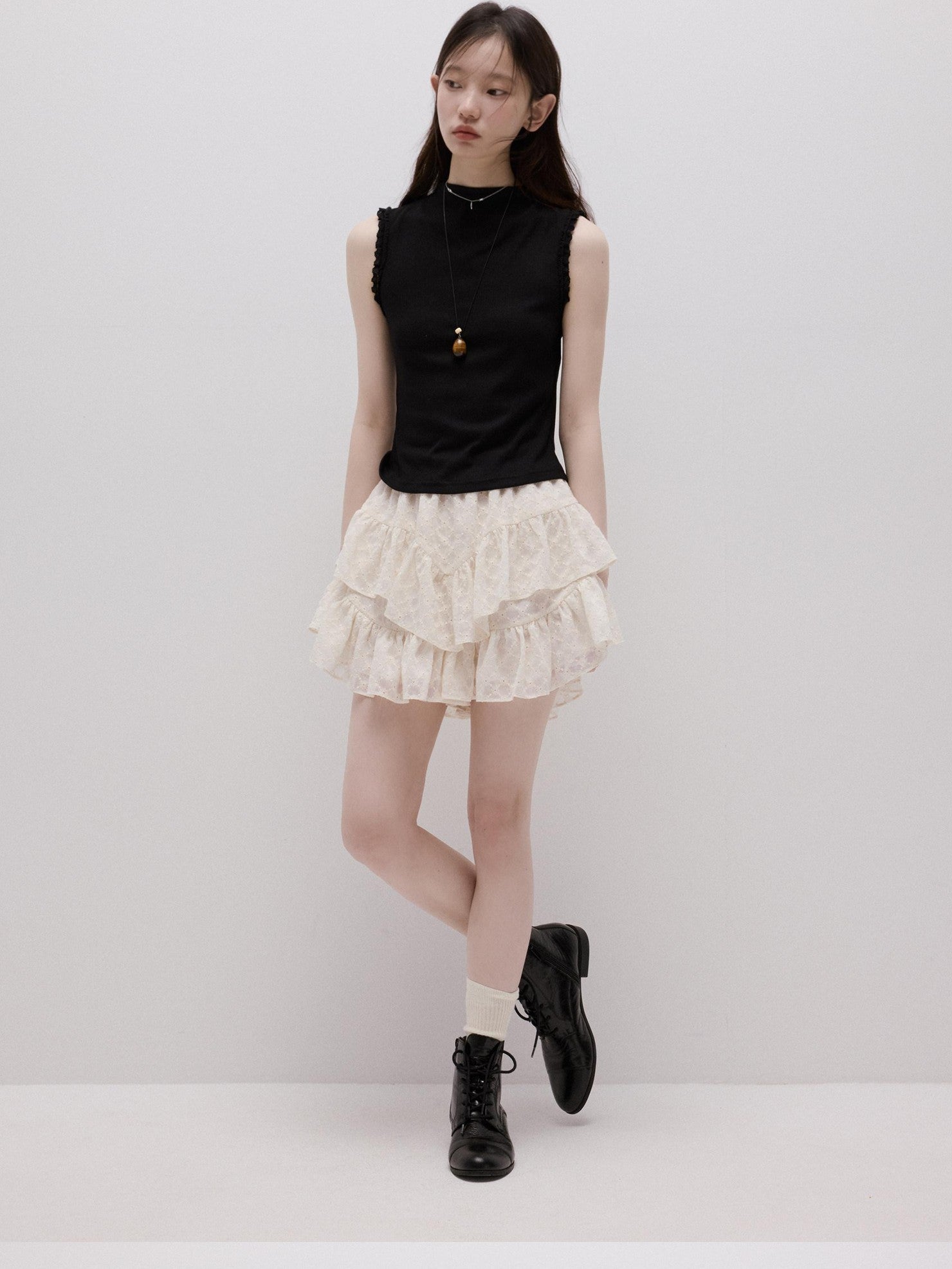 FUSSED Lace Trim Mock Neck Side Bust Concealing Slim Cropped Women&
