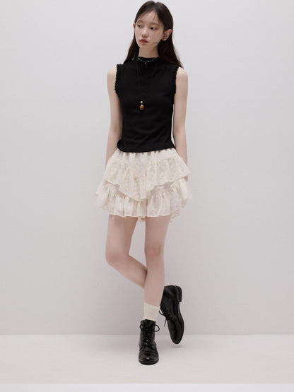 FUSSED Lace Trim Mock Neck Side Bust Concealing Slim Cropped Women&