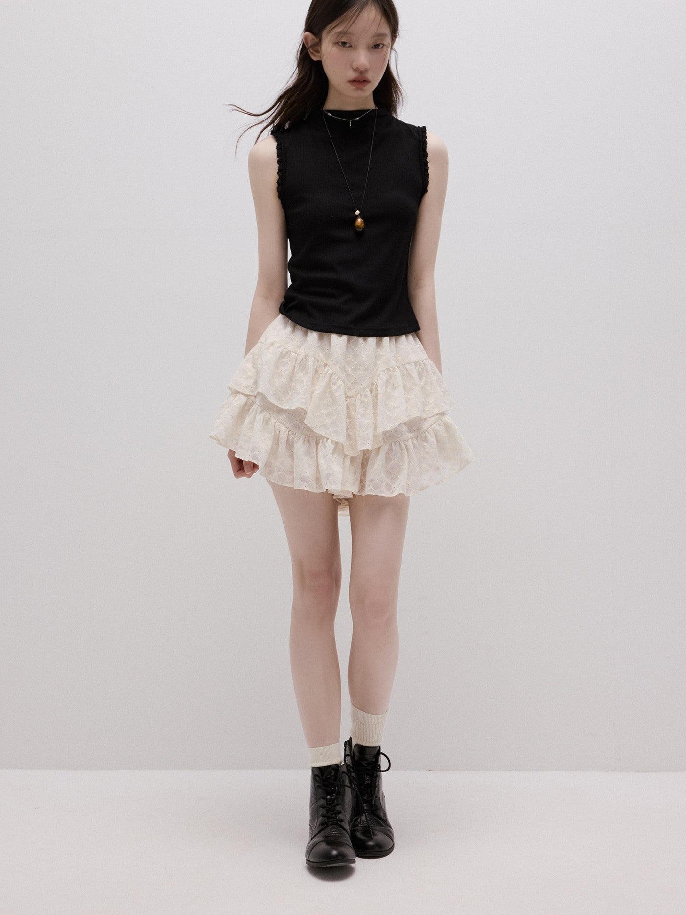 FUSSED Lace Trim Mock Neck Side Bust Concealing Slim Cropped Women&