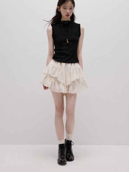 FUSSED Lace Trim Mock Neck Side Bust Concealing Slim Cropped Women&