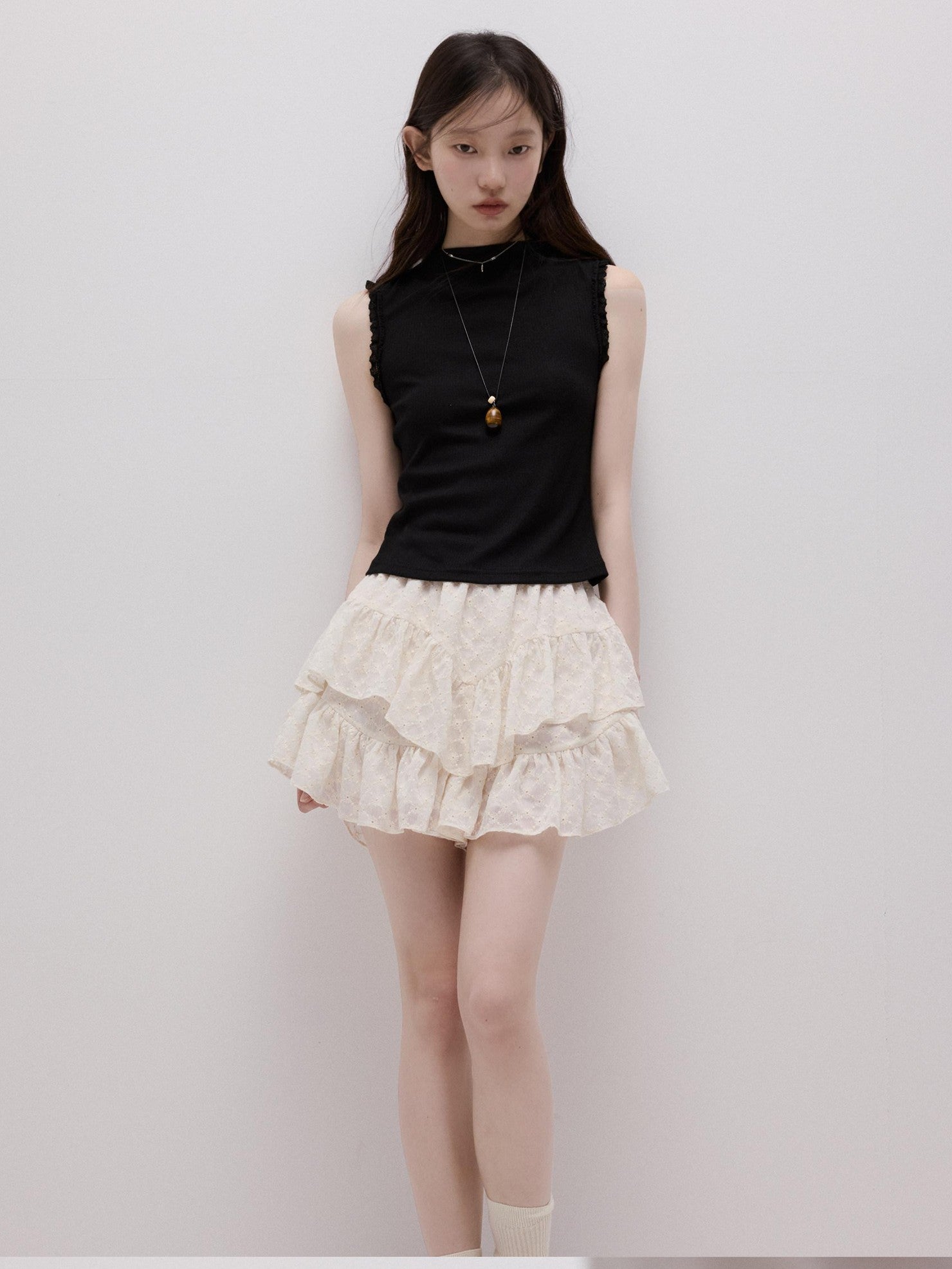 FUSSED Lace Trim Mock Neck Side Bust Concealing Slim Cropped Women&