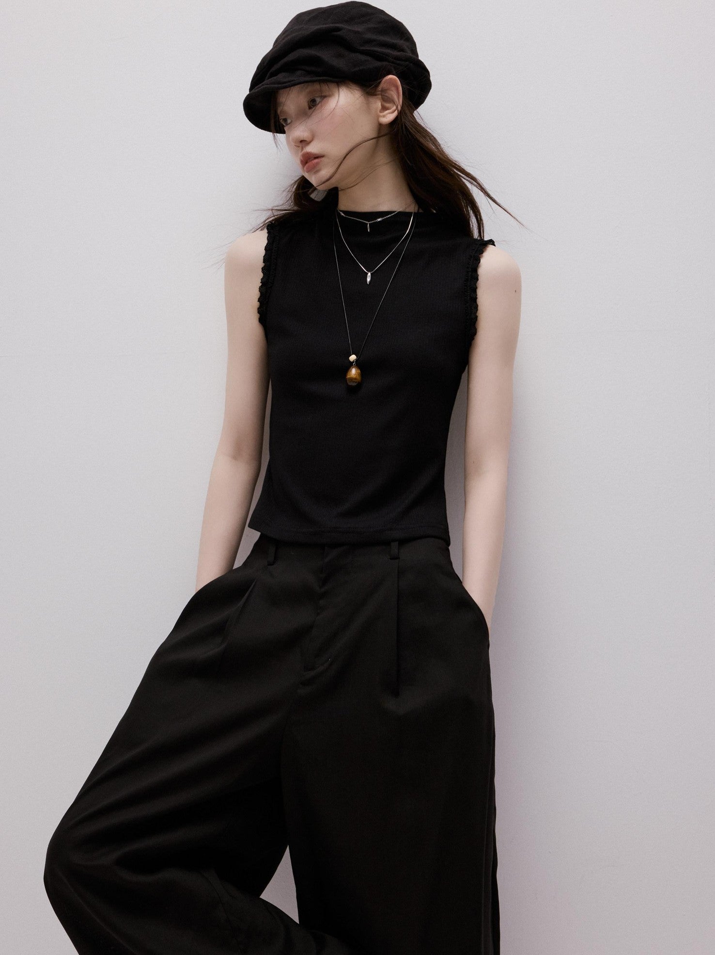FUSSED Lace Trim Mock Neck Side Bust Concealing Slim Cropped Women&