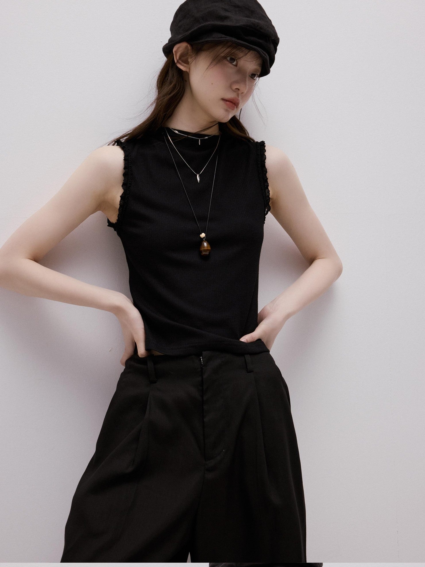 FUSSED Lace Trim Mock Neck Side Bust Concealing Slim Cropped Women&